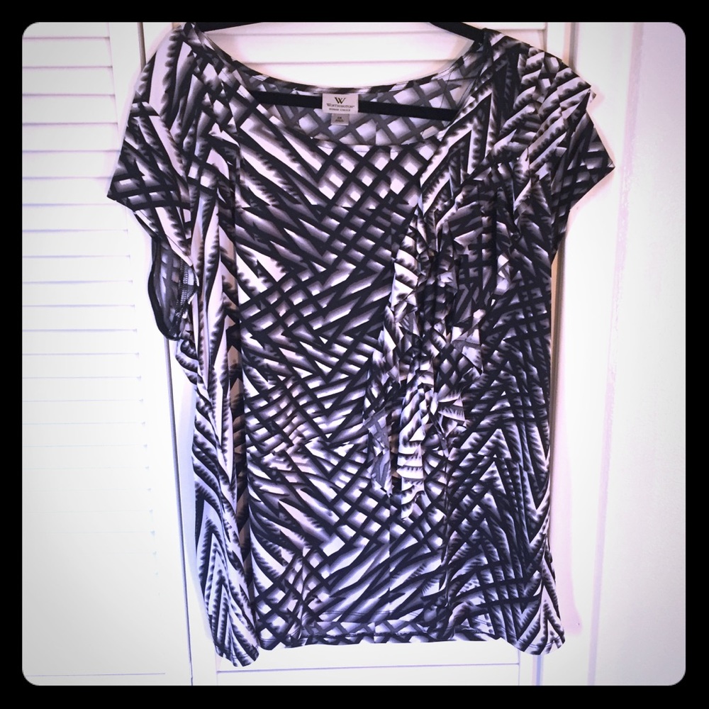 Worthington SZ 2X Black & White Geo Ruffle Blouse